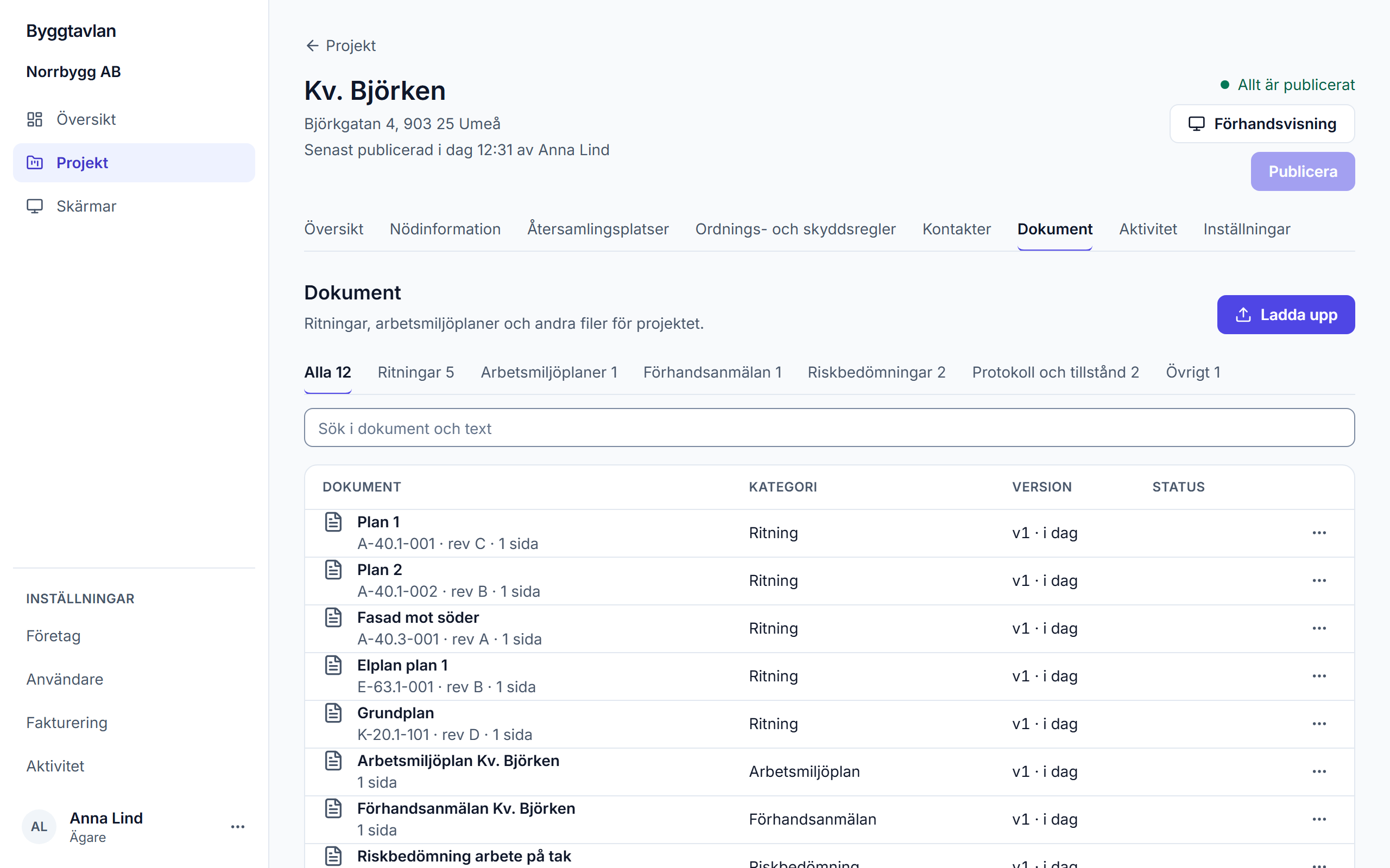 Dokumentlistan i webbportalen med ritningar och deras ritningsnummer och revisioner.