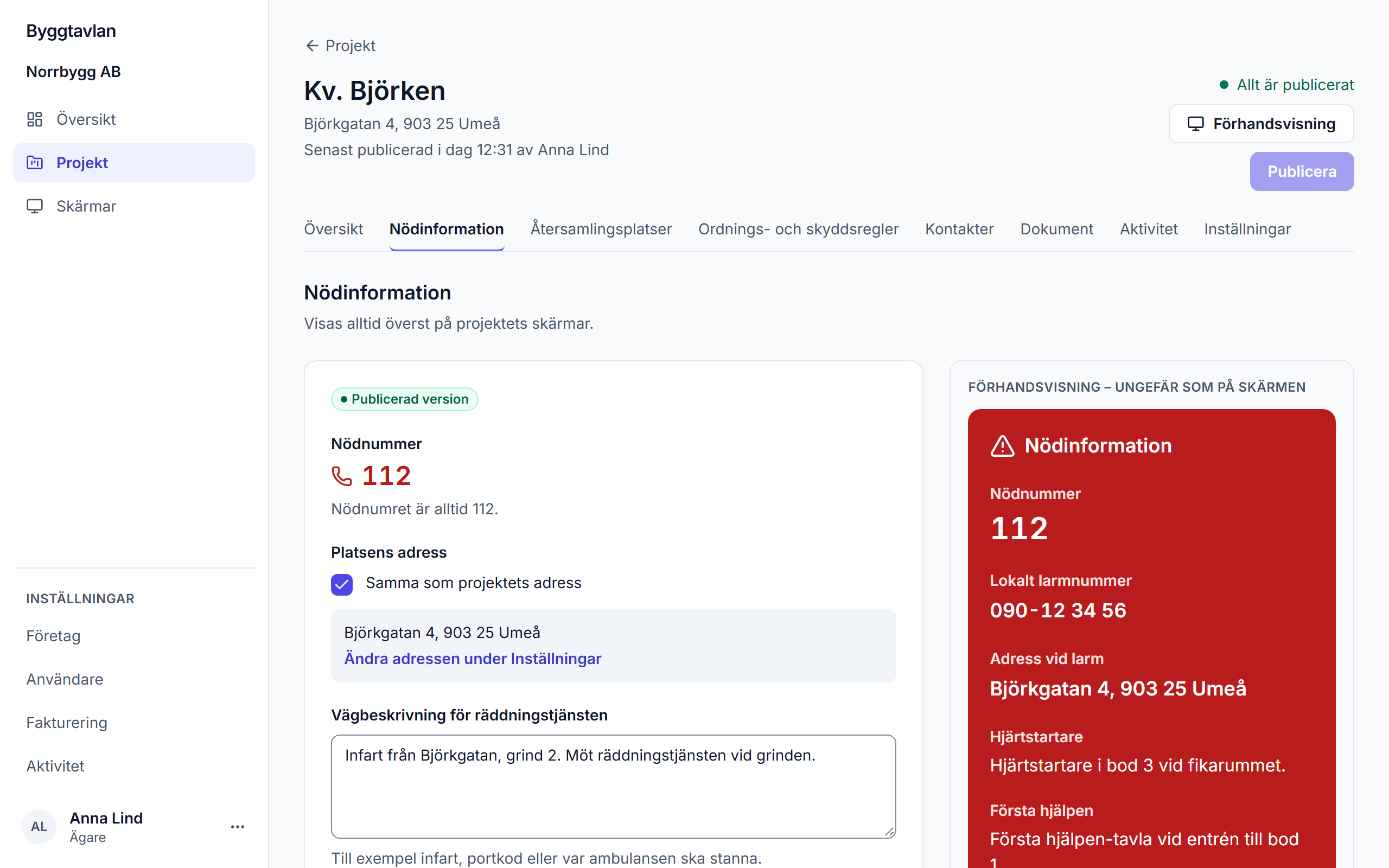 Webbportalen med nödinformationen för Kv. Björken: fält för adress, vägbeskrivning, hjärtstartare och första hjälpen, och en förhandsvisning av hur det ser ut på skärmen.