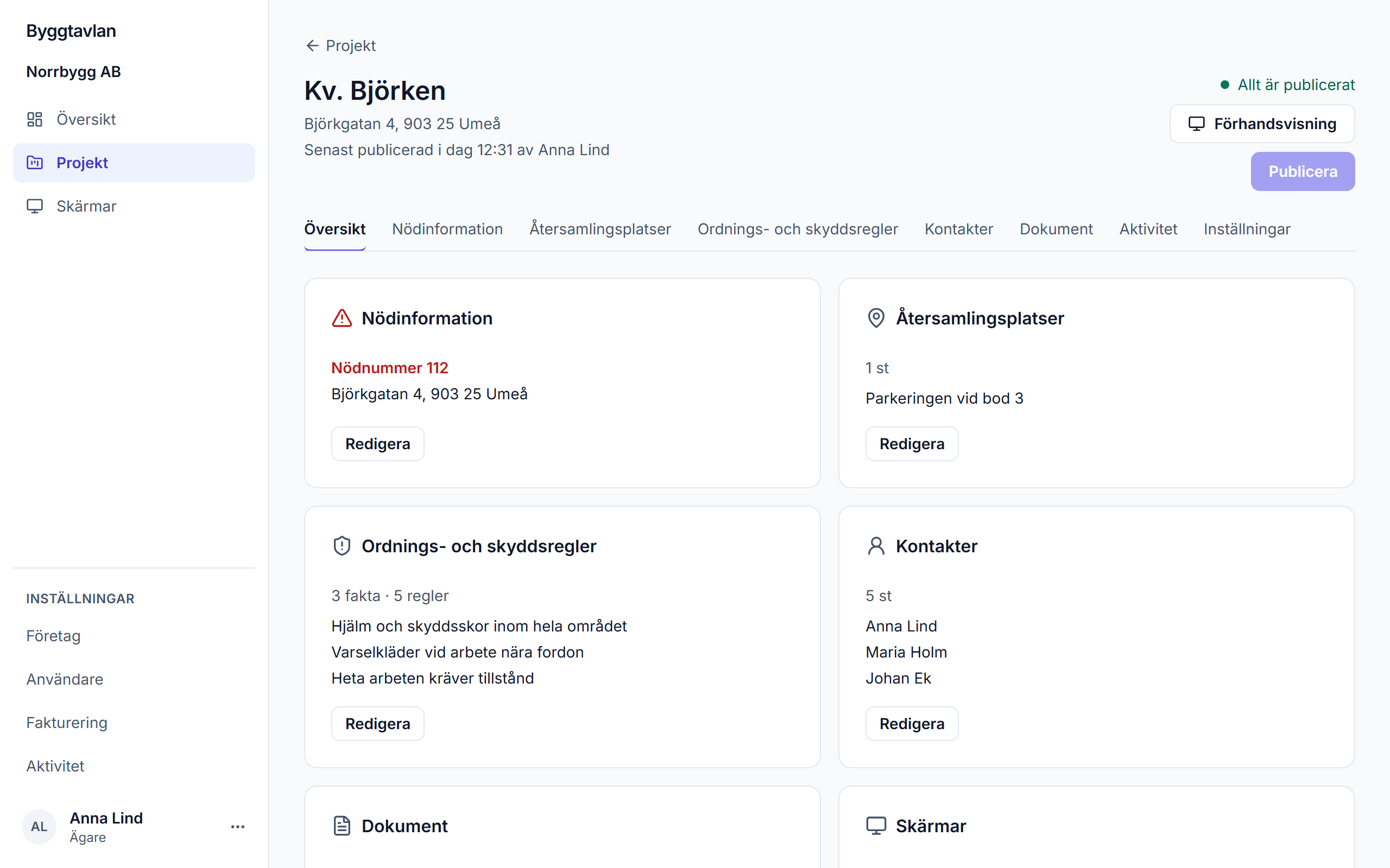 Översikten för projektet Kv. Björken i webbportalen, med status för publicering, skärmar och innehåll.